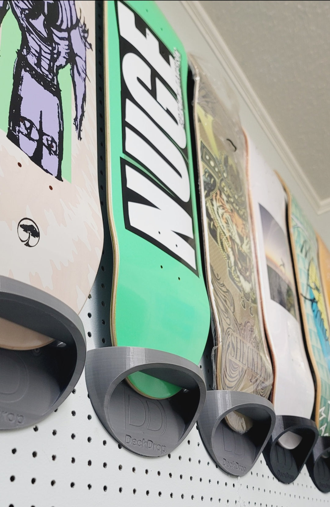 Deck Drop Wall Mount Skateboard Holder – Vertical Skate Deck Display Rack (Up to 10” Wide)