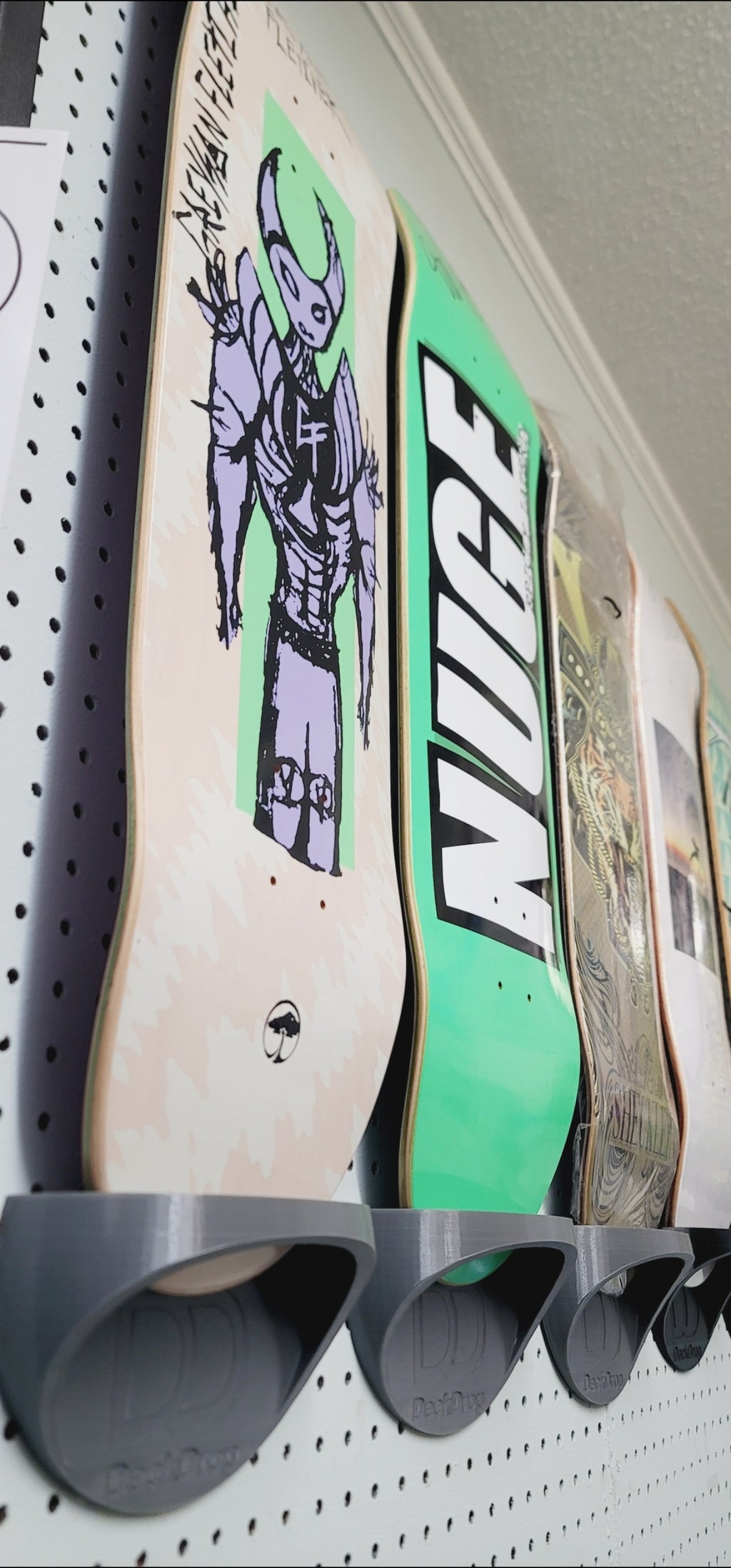 Deck Drop Wall Mount Skateboard Holder – Vertical Skate Deck Display Rack (Up to 10” Wide)